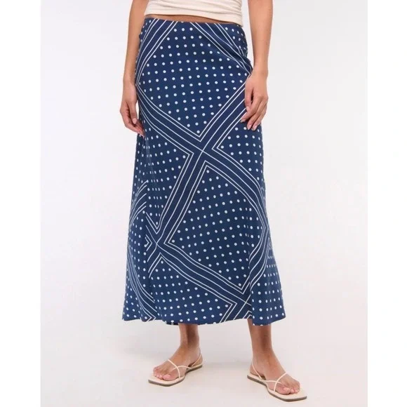 Abercrombie & Fitch Midi Rise Maxi Skirt Navy Blue Polka Dot Geometric Medium - Picture 1 of 10